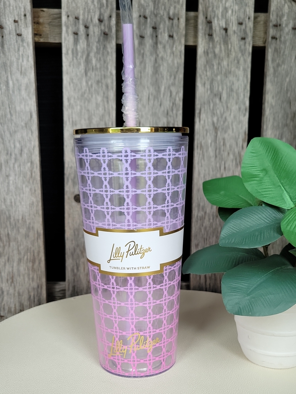 Lilly Pulitzer Ombre Caning Pink and Gold Patterned Acrylic Tumbler with Straw